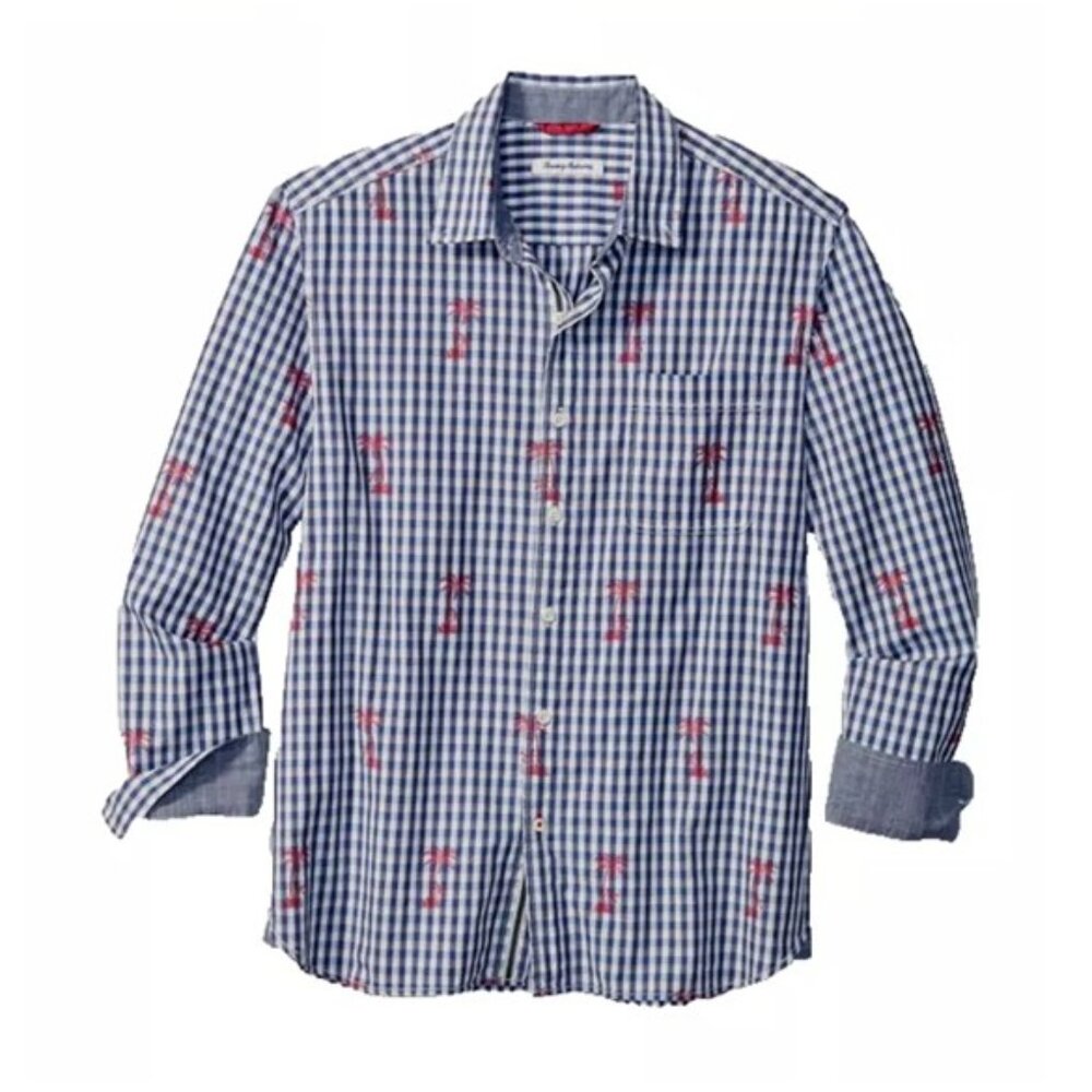 Tommy Bahama Blue Gingham Long Sleeve Button-Down Shirt Palm Tree Accent Size M